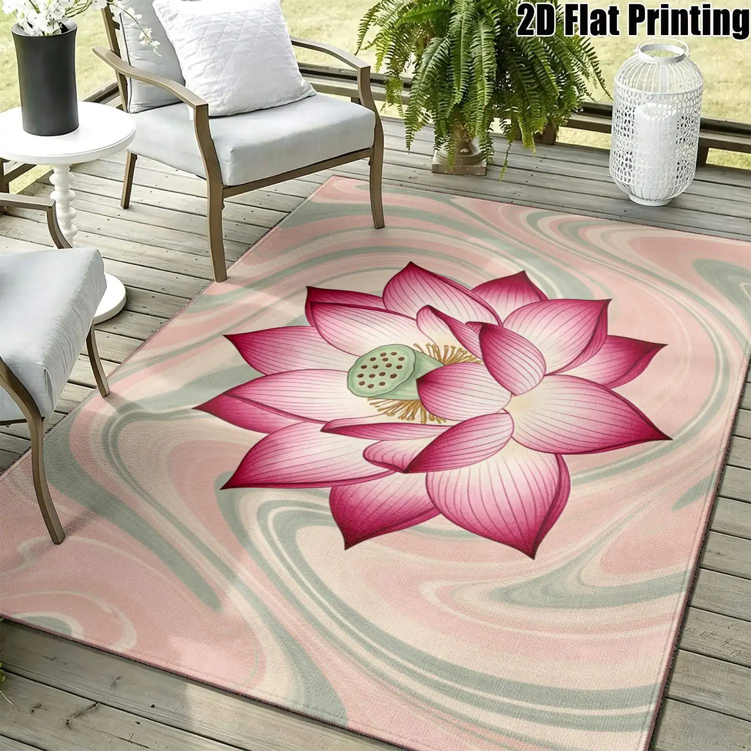 1Pc 2D Printed Pink White Lotus Pattern Carpet, Modern Simple Instagram Style, Multi-Size Machine Washable, for Home Decor & Multi-Scenario Use