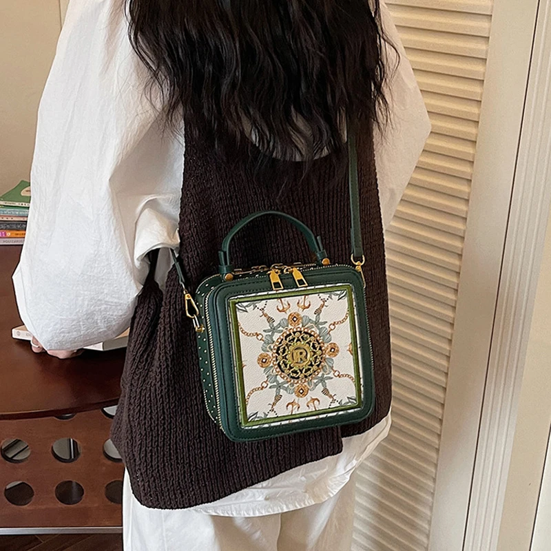Exquisite bedruckte Umhängetasche, quadratische Damen-Box-Handtasche, Colorblock-Sling-Bag, Messenger-Tasche für den Arbeitsweg und zur Aufbewahrung von Kosmetika – Detail 6