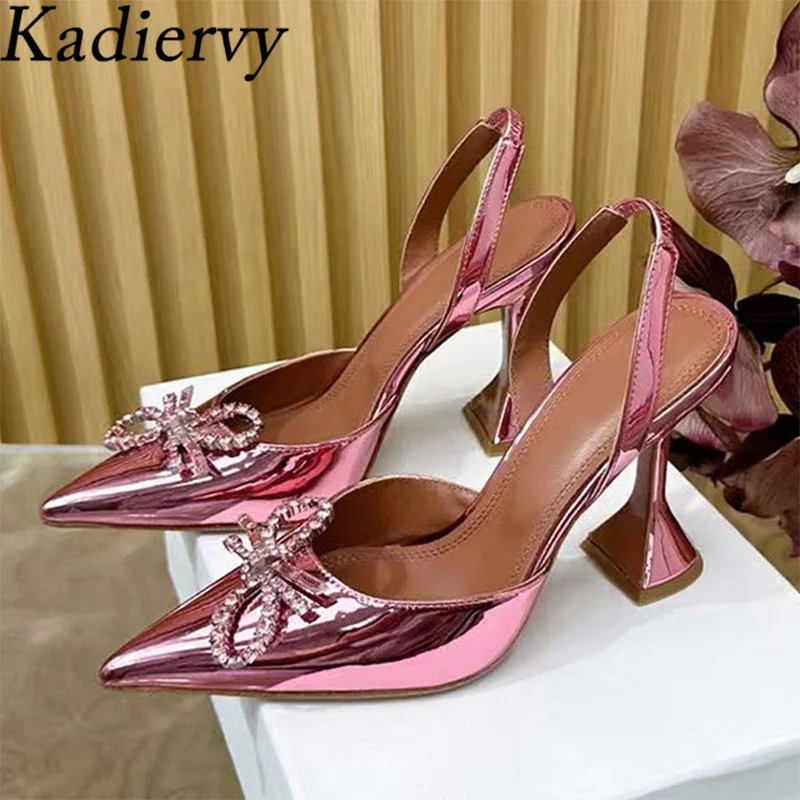 Summer High Heels Shoes Women Pointed Toe Patent Leather Rhinestone Butterfly-knot Wedding Shoes Cup Heels Pumps Sandals Woman