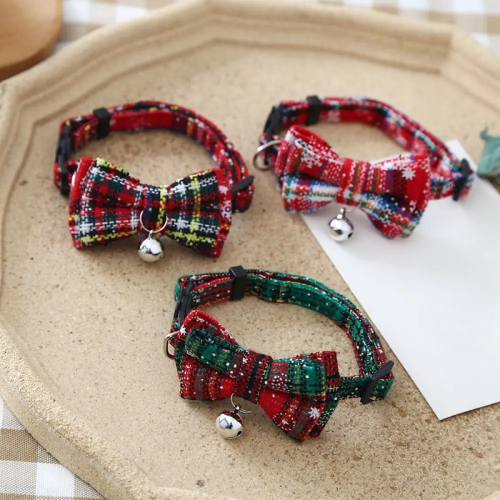 Christmas Style Lattice Pet Collar Bowtie Bell For Kitten Small Dog Cat Adjustable Neckband Soft Fashion Accessories