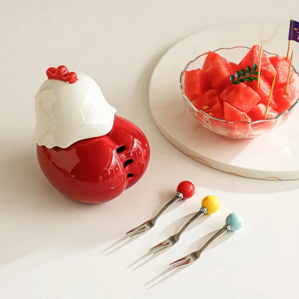 

Creative Chicken Toothpick Box Anti-scald Rustproof Dessert Salad Fork Food Grade Decorative Chicken-shaped Fruit Fork Set
