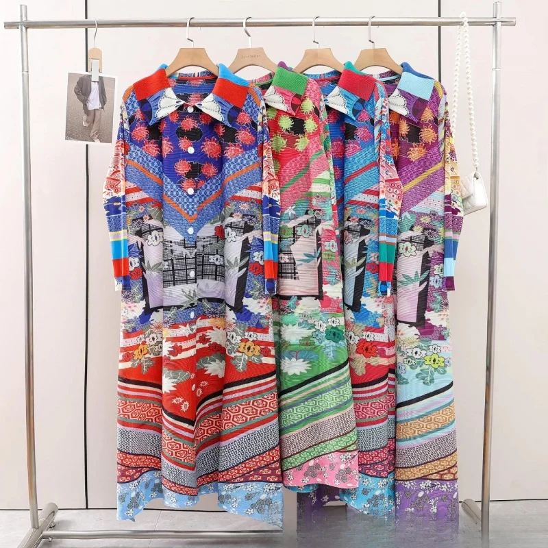 

DUOSHA Miyake Pleated 2023 New Printed Dress Long Sleeve POLO Neck Cardigan Loose Fashion Casual Summer Women's Tipping Dresses