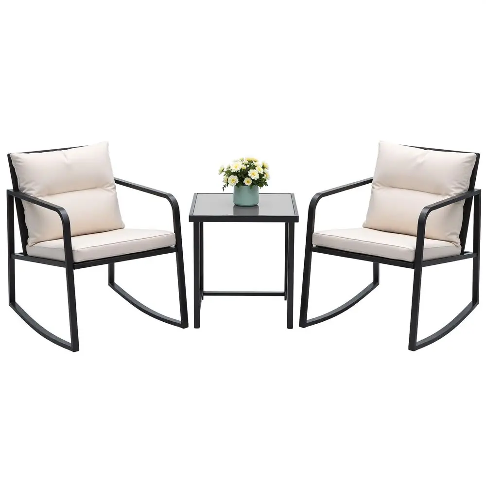 

3 Piece Rocking Bistro Set Wicker Patio Outdoor Furniture Porch Chairs Conversation Sets with Glass Coffee Table Beige