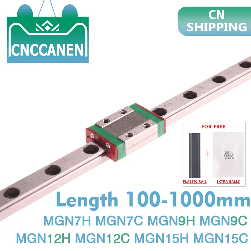 MGN7 MGN9 MGN12 MGN15 100 - 1000mm Miniature Linear Rail Slide 1pc MGN Linear Guide +1pc MGN9H or MGN9C Carriage 3D Printer CNC