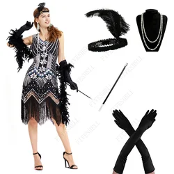 Halloween Cosplay Dress for Women 1920s Vintage Flapper Long Fringe Beaded Gatsby Party Dress with 20s Accessories Set