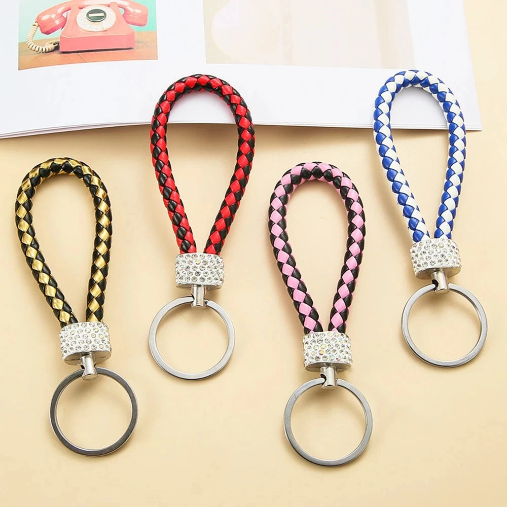 Fashion PU Leather Woven Keychain Glitter Rhinestones Braided Rope Keyring For Men Women Car Key Holder Charms Accessories Gifts