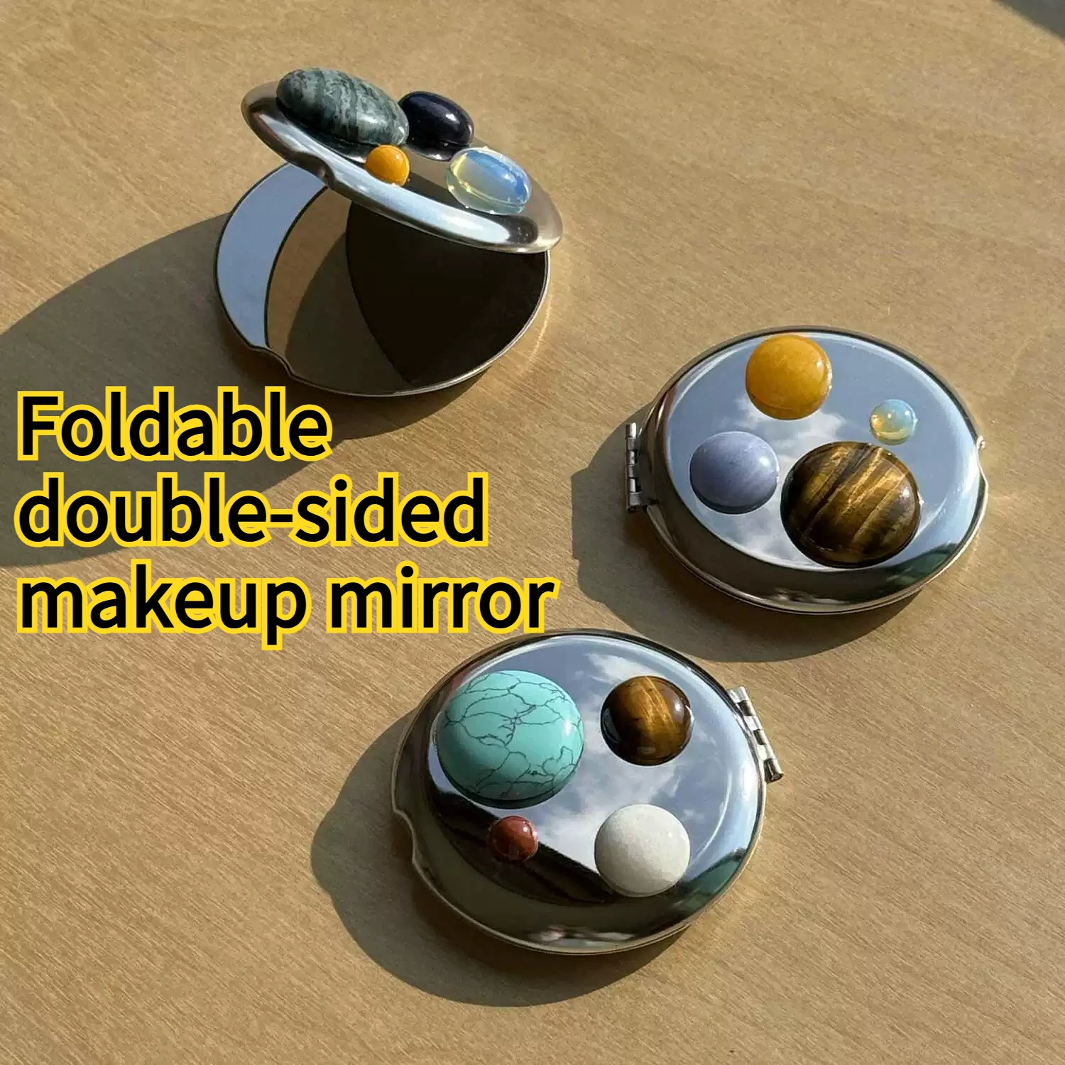 Portable Makeup Mirror Natural Stone Glass Stainless Steel Double-sided Portable 3D Flip Folding Mirror