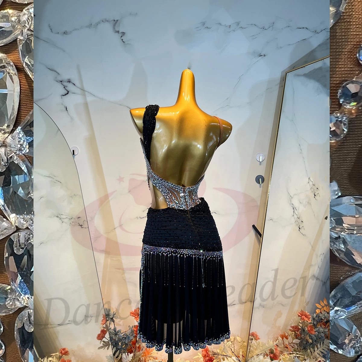 Latin Dance Adult Children'S Dress AB Stone High-End Custom Hollow Splicing Color Mesh Skirt Tango Women'S Clothing