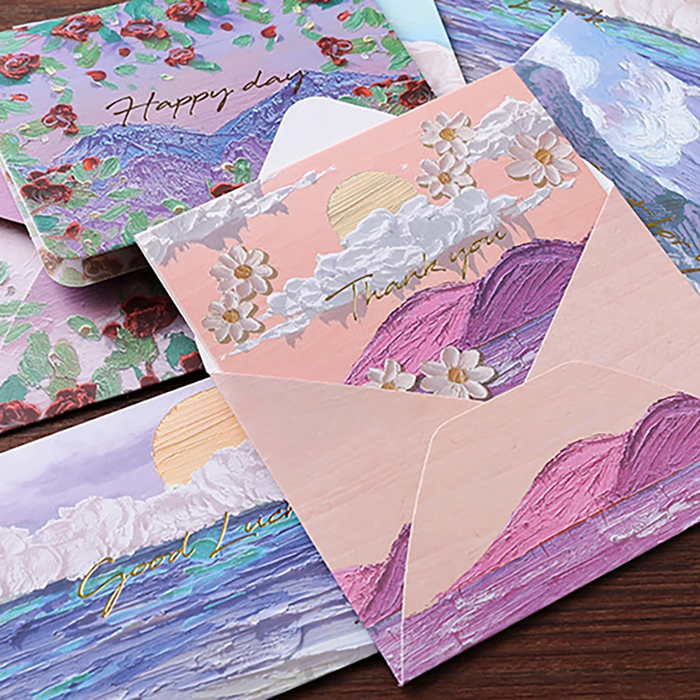 

Открытка с рисунком маслом, праздничная открытка премиум-класса, конверт, украшение для подарка своими руками, открытка для сообщений, картон.