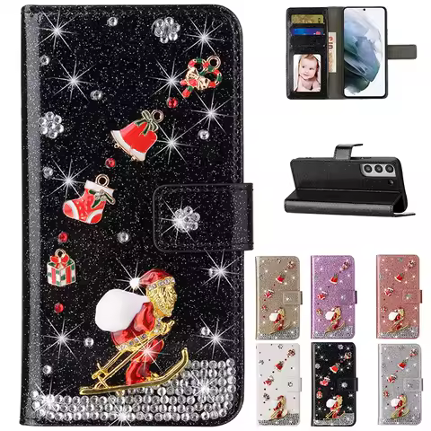 Santa Claus Diamond Glitter Wallet Case For Samsung Galaxy S25 Ultra S24 FE S23 S22 S21 S20 Plus A14 A15 A16 A26 A34 A35 A54 A55