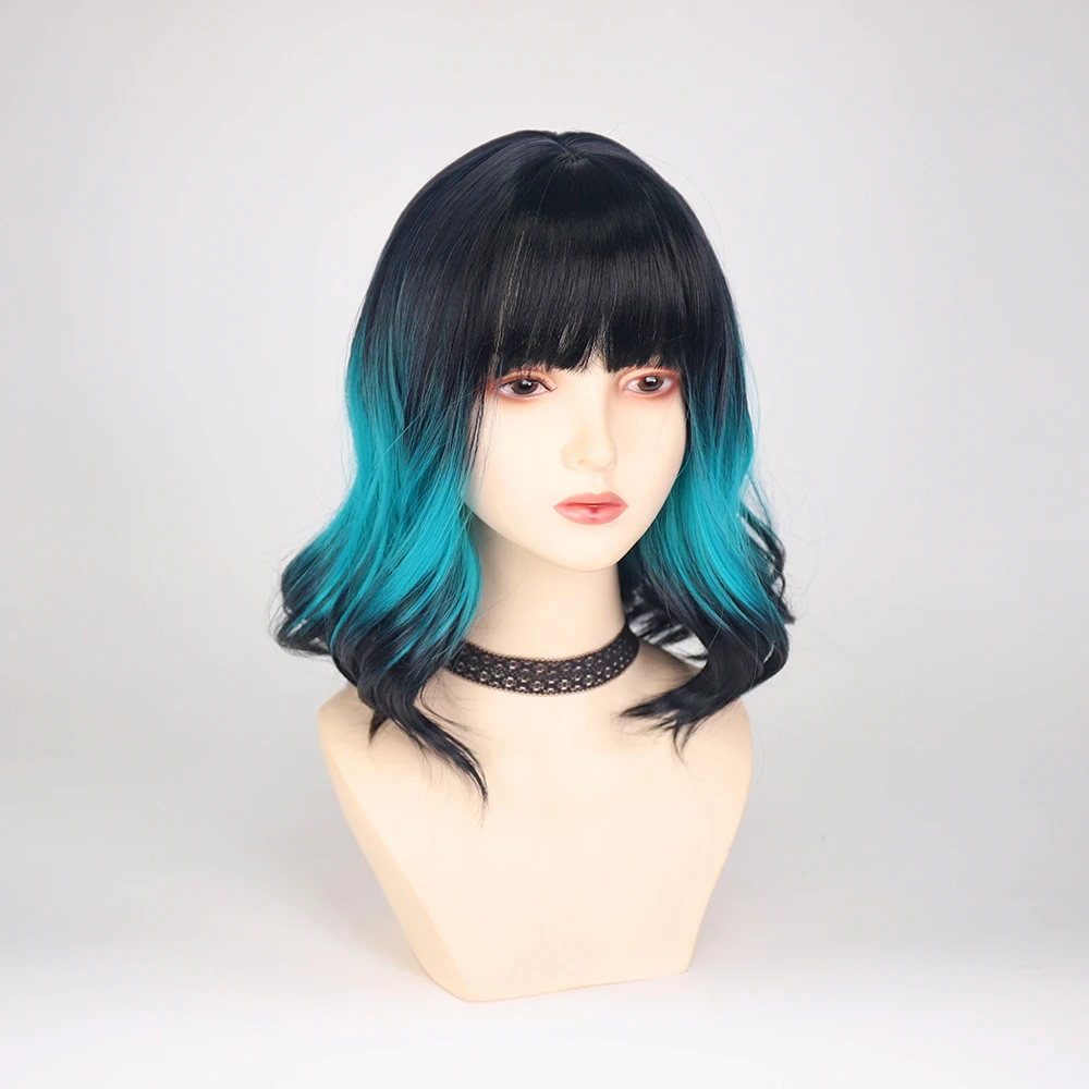 GAKA Black Blue Obmre Short Wavy Wigs with Bangs Synthetic Women Lolita Cosplay Hair Wig for Daily Party