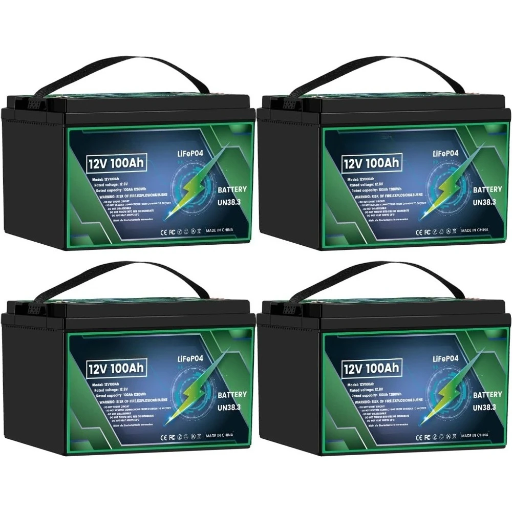 

4 Pack 12V 100Ah LiFePO4 Lithium Battery Built-in 100A BMS LiFePO4 Battery 5120Wh 12V LiFePO4 Camping,Solar Home,Golf Cart