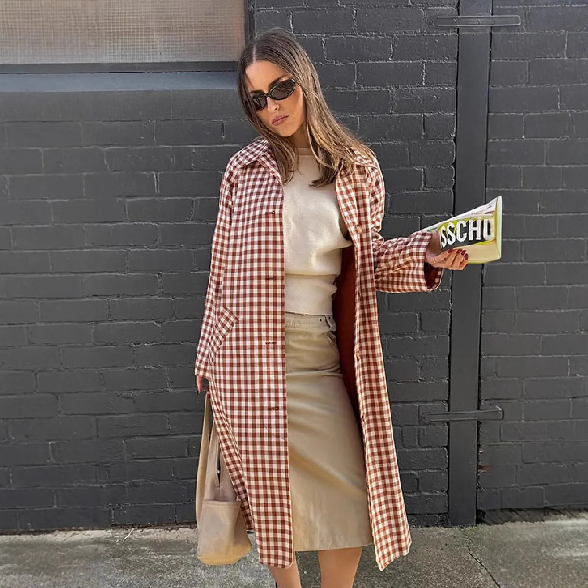 

Red Plaid Long Trench Coat Women Chic Lapel Single Breasted Full Sleeve Windbreaker Jacket New Spring Autumn Lady Street Outwear