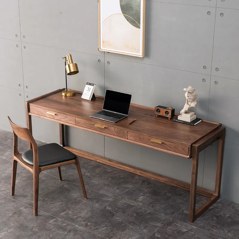Nordic Japanese-style small apartment black walnut all solid wood desk office home study computer writing desk