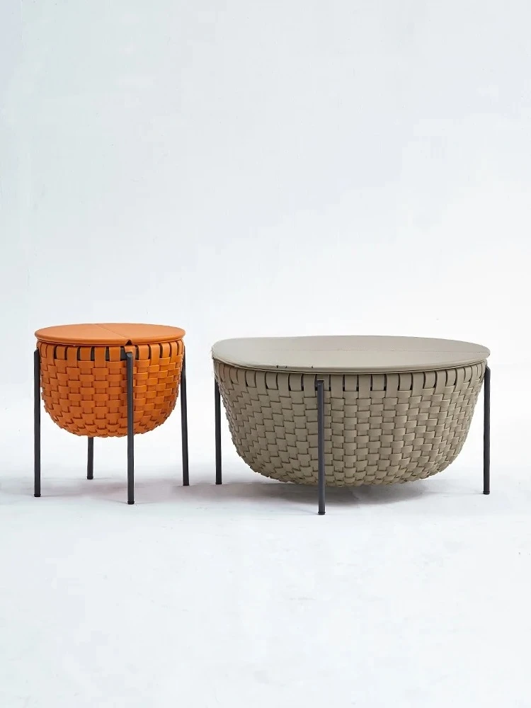 

Italian Minimalist round Storage Coffee Table Small Apartment Designer Light Luxury Silent Style Rattan Woven Side Table