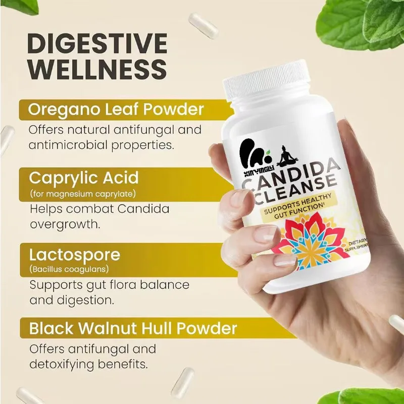 Candida Cápsulas lucidum, Aloe vera, Probióticos, Ai Cao, Aceite Niuzhi, Concha de Nuez Negra Soporte para la Salud Intestino y Limpeza 60 Cápsulas