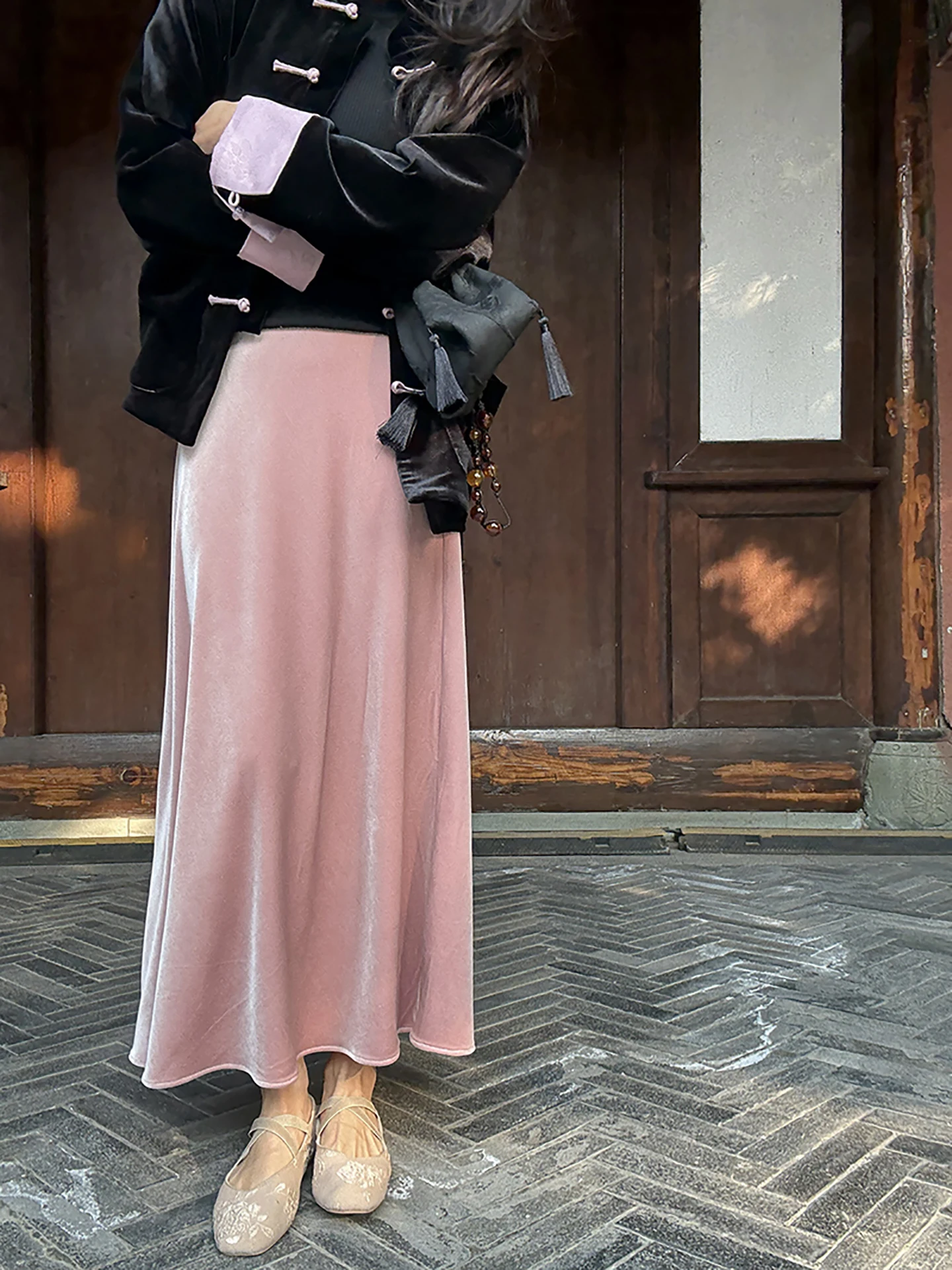 

Velvet Elastic Waist A-Line Skirt Bean Paste Pink Bla Mid-Year Women's Faion Polyester Fiber Vinyl A-Line Skirt