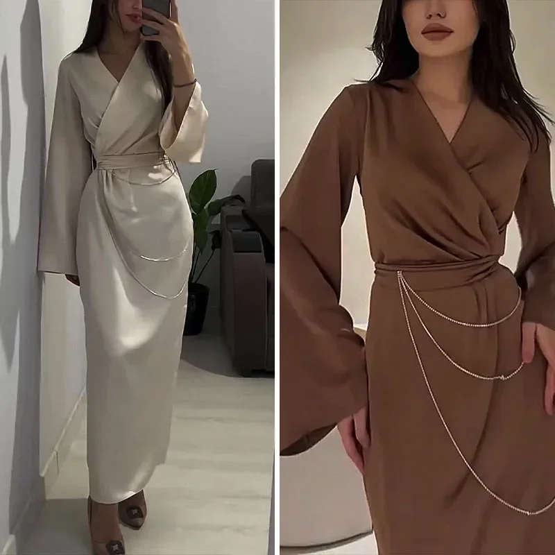 

Elegant Bodycon Satin Long Dress Fall Winter V Neck Lace-up Chain Dress Party Evening Maxi Dresses for Women