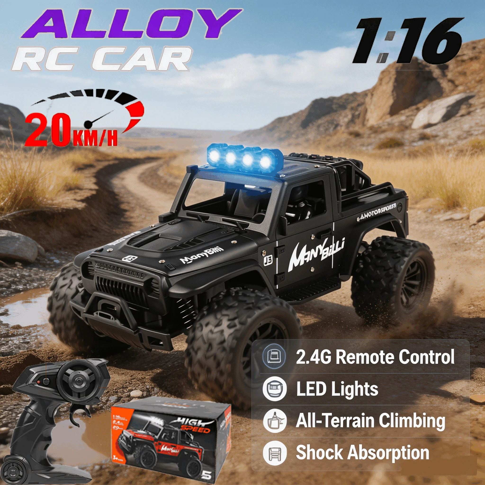 Nuevo Camión Todoterreno RC 2.4G 1:16 con Luces LED, Absorción de Impactos, Capacidad de Escalada en Todo Tipo de Terreno, Juguete de Control Remoto, Regalos para Niños