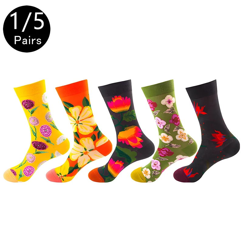 

1/5 Pairs Trendy Personalized Men Socks Unisex Hip Hop Oil Painting Casual Socks Flower Design Four Seasons Mid Tube Socks Women