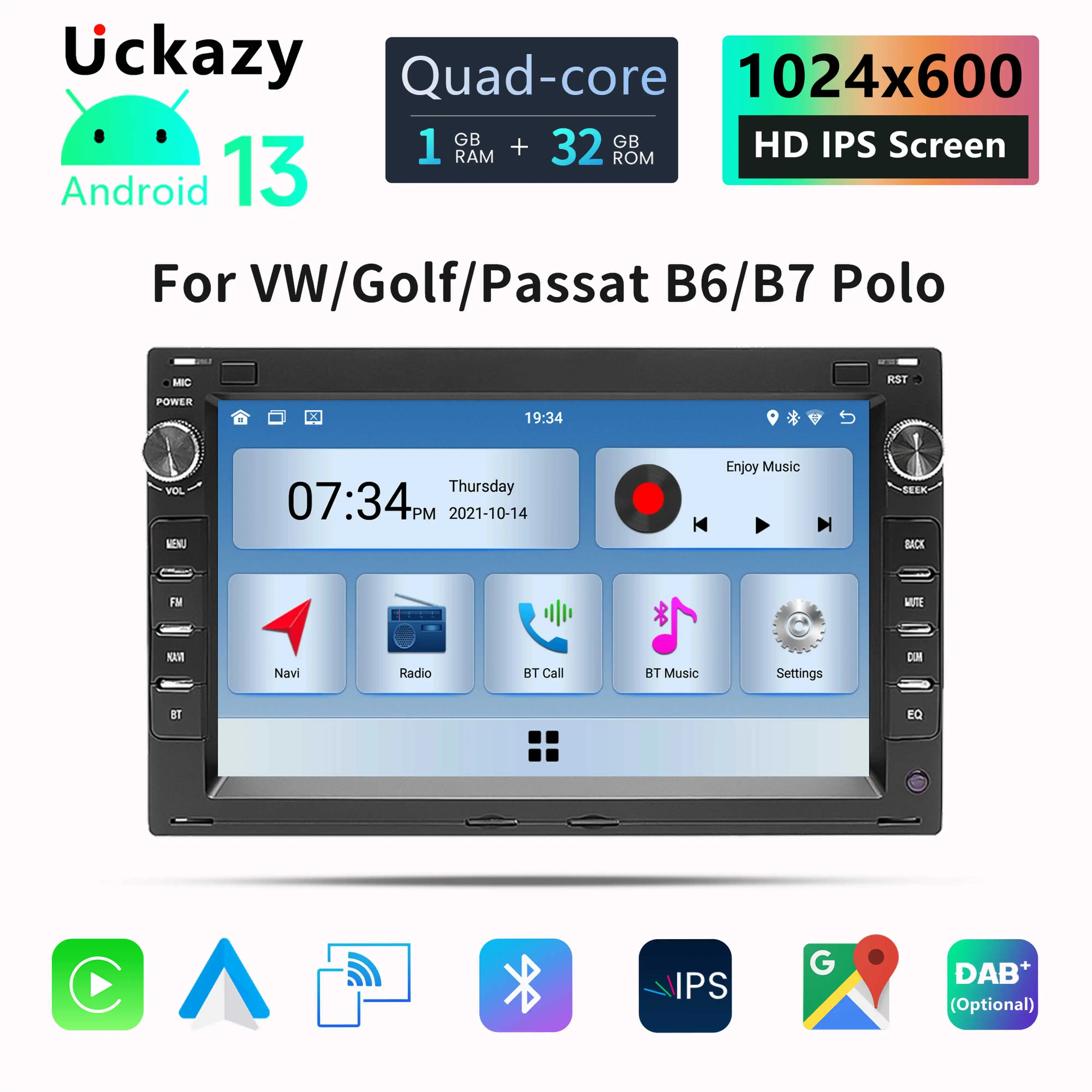 Uckazy 2 Din Car Radio Android 13 For VW PASSAT B5 MK4 MK5 SHARAN Jetta Bora Polo TRANSPORT T5 CITI CHICO Multimedia GPS Stereo