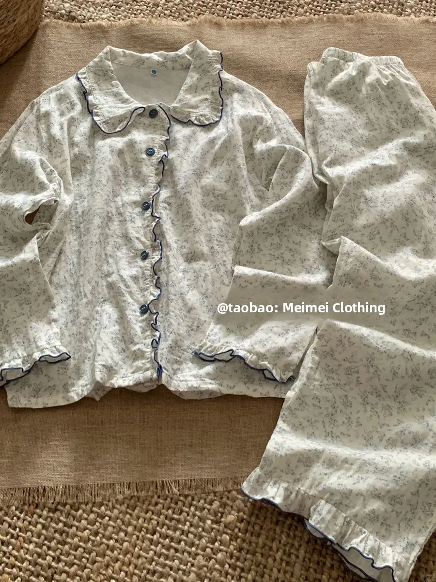 Sweet Floral Print Cotton Pajamas Set for Women Long Sleeve Collared Pants Home Wear Suitable for Spring Autumn And Winter 4