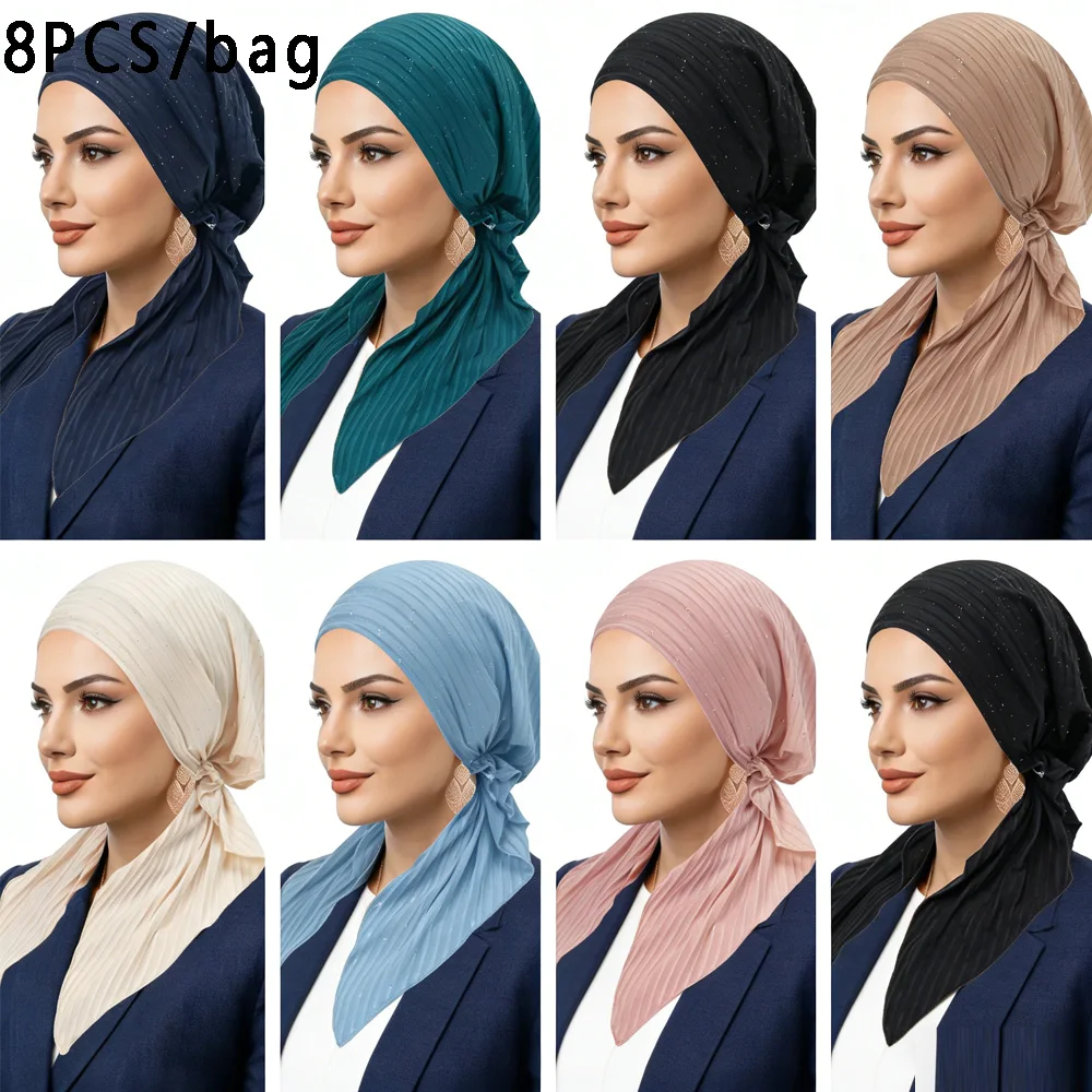 

8PCS/Set New Pre-tied Hat Turban Women Chemo Cap Muslim Hijab Bonnet Beanies Hair Loss Headscarf Head Wrap Bandanas Headband