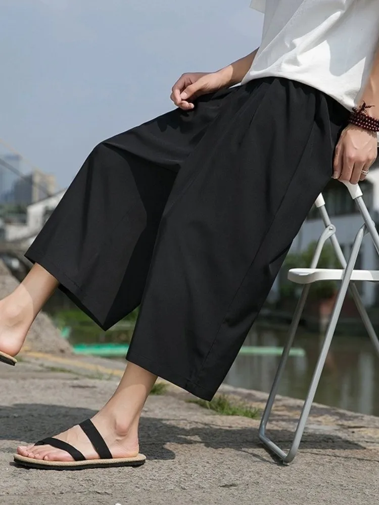 

Ice Silk Wide Leg Pants Men's Summer Lightweight Loose Fit 7/8 Length Casual Bla Trousers Faionable Urban Sle Loose Waist