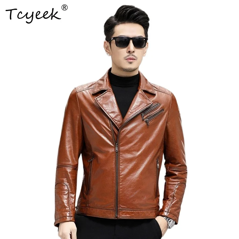 

Tcyeek Натуральная коровья кожа Весна Осень Высококачественный модный мотоциклетный костюм с воротником красно-коричневого цвета Короткая мужская куртка из натуральной кожи 가죽자켓