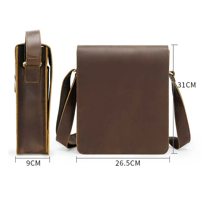 Vintage Crazy Horse Leather Men Bag iPad Cow Leather Flap Shoulder Bag Zip Around Casual Crossbody Bag Cowhide Male Briefcase