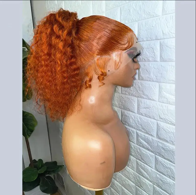 BabyHair-peluca frontal de encaje rizado para mujer, pelo largo sin pegamento, naranja Natural, suave, 180 de densidad, prearrancado, resistente al calor, 26"