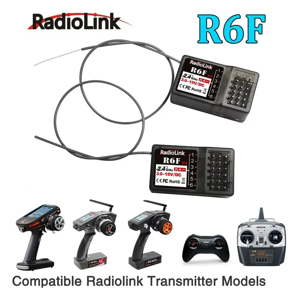 Radiolink R6F 6-kanaals 2,4 GHz ontvanger voor RC auto en boot radiozender afstandsbediening compatibel met RC6GS V2 RC4GS V