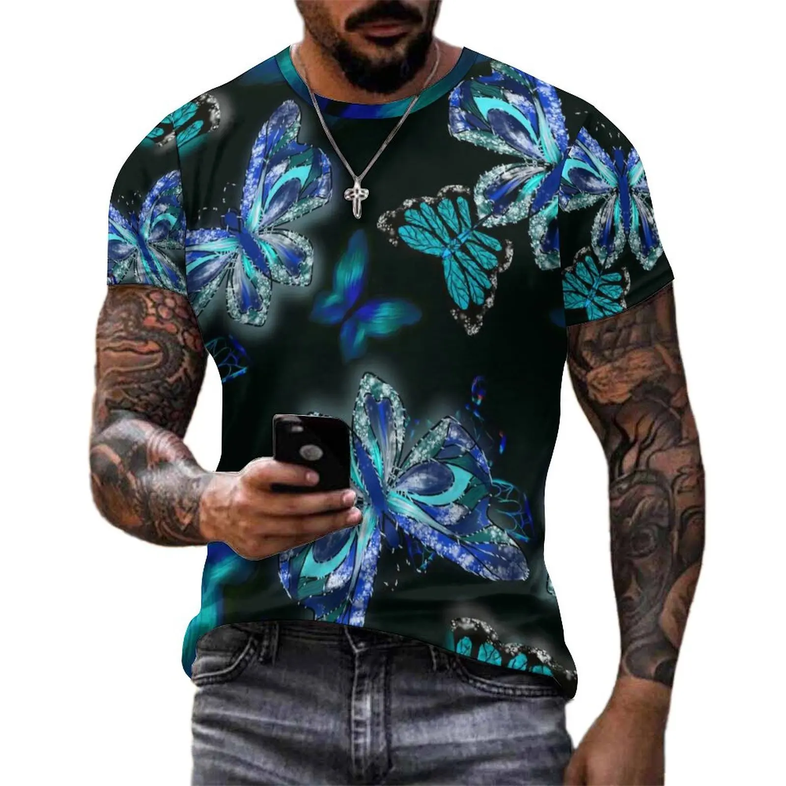 Couple Sparkly Blue Butterfly T-Shirt Butterflies Art Insect Hippie T-Shirts Short Sleeve Tops Original Casual Oversized Tees