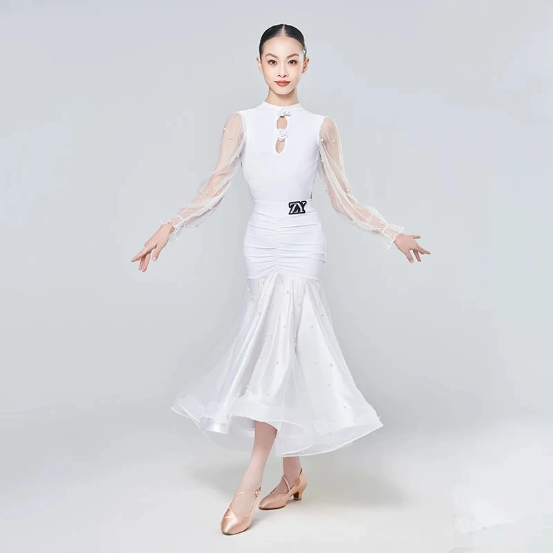 Modern Dance National Standard Dance Clothing For Girl Mesh Backless Top Fishbone Skirt Suit Ballroom Dance Costumes DN24536