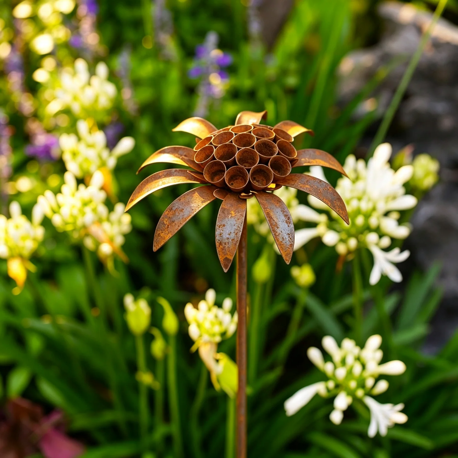 Rusty Metal Scabiosa Flower Garden Stake Vintage Lawn Decor Ground Plug