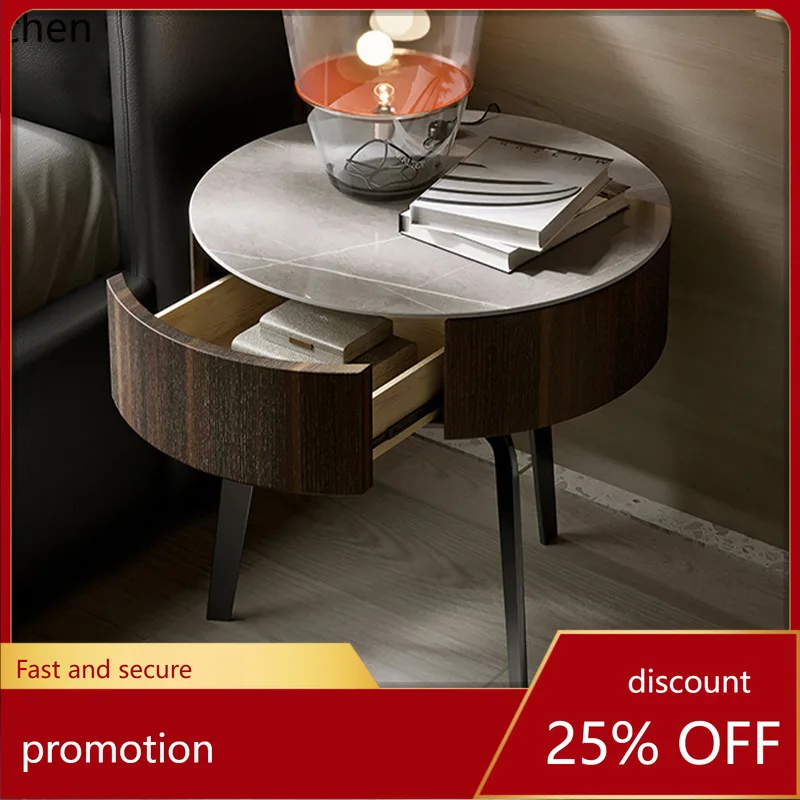 

HXL Rock Slab Bedside Table Bedroom Smoked Solid Wood Round Storage Cabinet