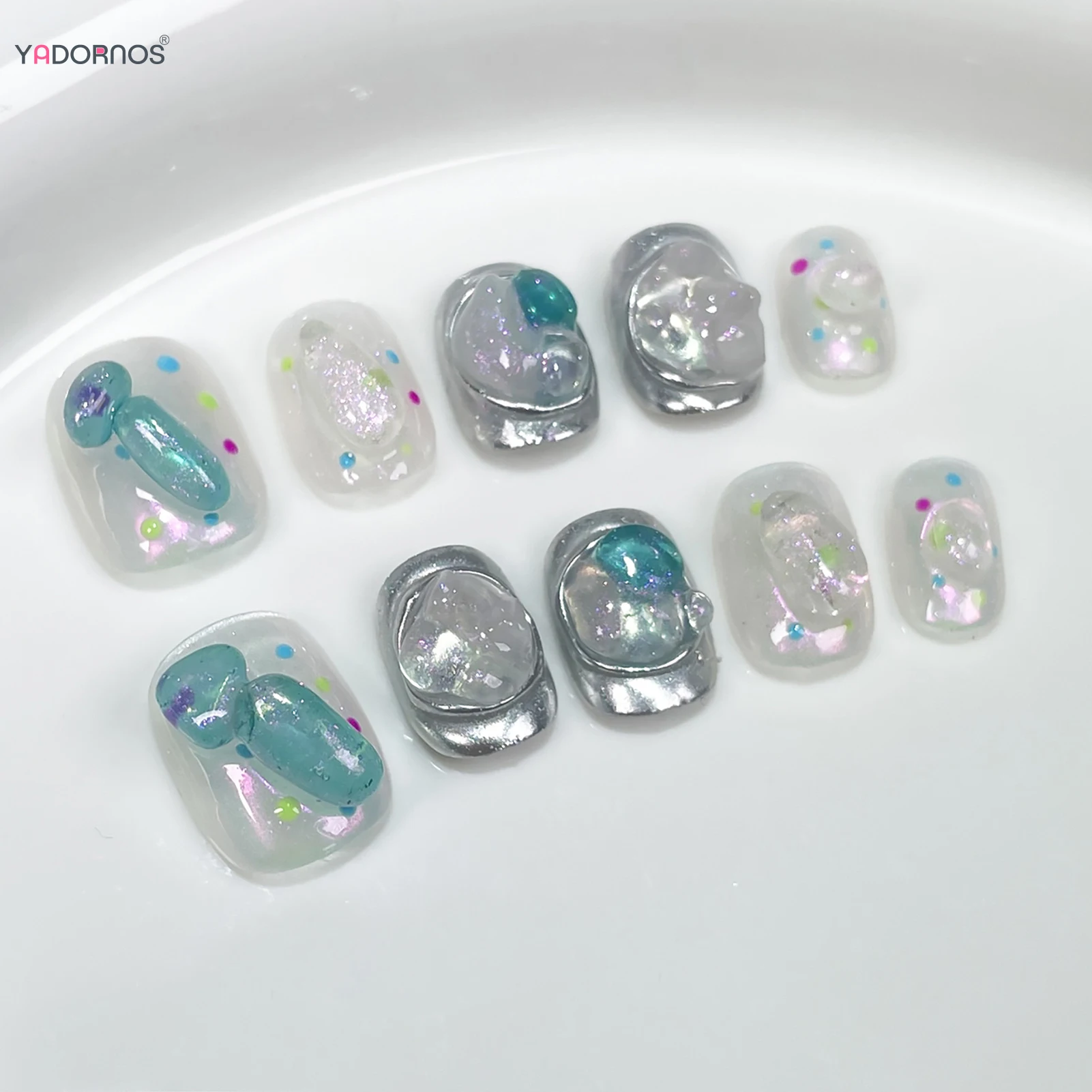 Unhas Postiças Clear Sliver, Curto em torno de unhas quadradas, Imprensa artesanal nos pregos, Glitter Rhinestone Decor, Manicure, Manicure, 10pcs