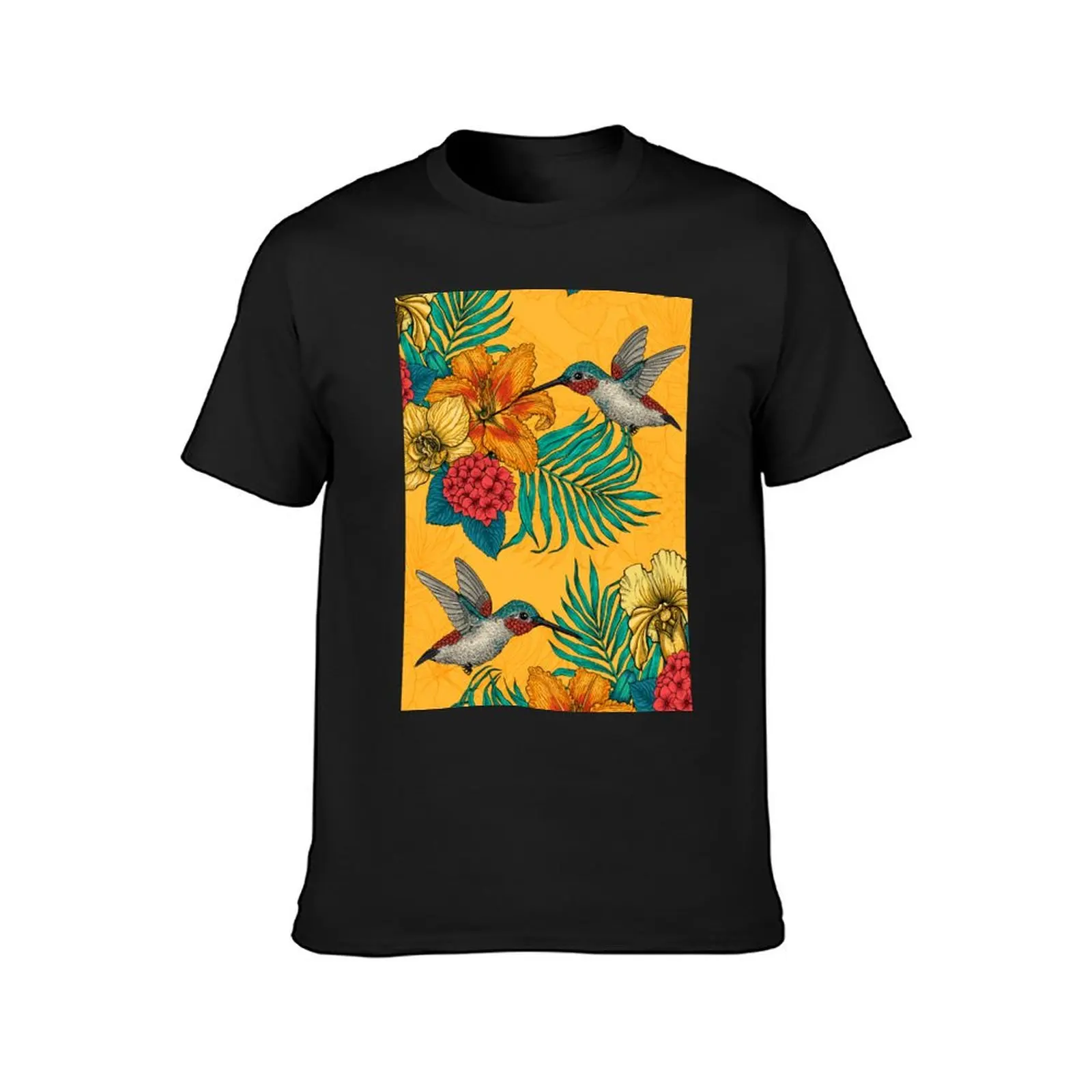 Hummingbirds and tropical bouquet in yellow T-Shirt anime sweat t shirts for men graphic