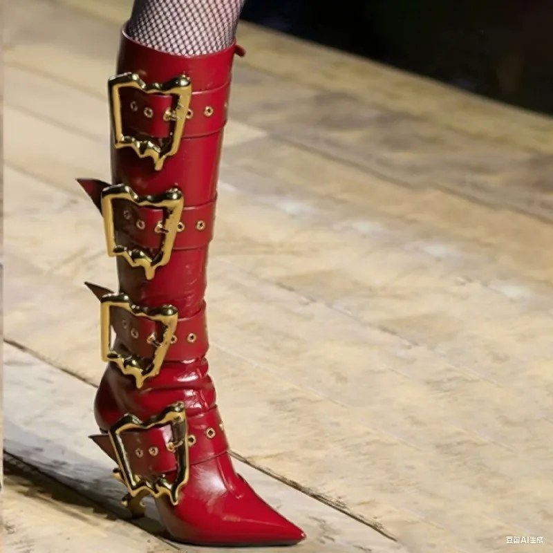 

Европейские и американские сексуальные сапоги до колена с декоративной пряжкой и боковой молнией, женские универсальные банкетные сапоги на высоком металлическом каблуке