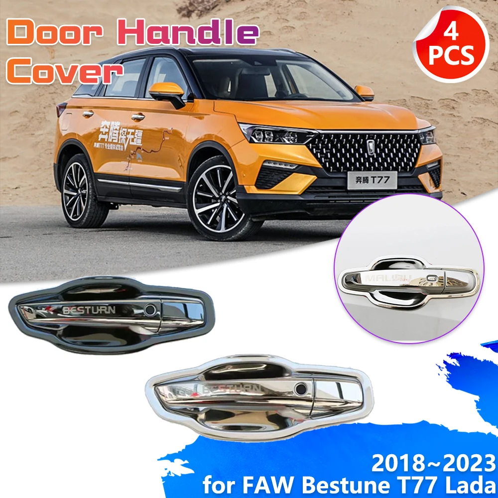 for FAW Bestune T77 Lada X-Cross 5 2018~2023 Chrome Carbon Fiber Black Door Handle Cover Set Trim Sticker Cap Key Accessories