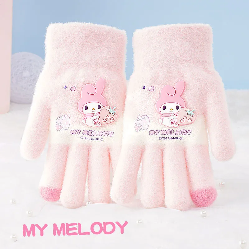 Sanrio Kuromi Cartoon Children Gloves Cinnamoroll Winter Thickened Full Fingers Mitten Gloves Cold-Proof Screen Touch Warm Gift