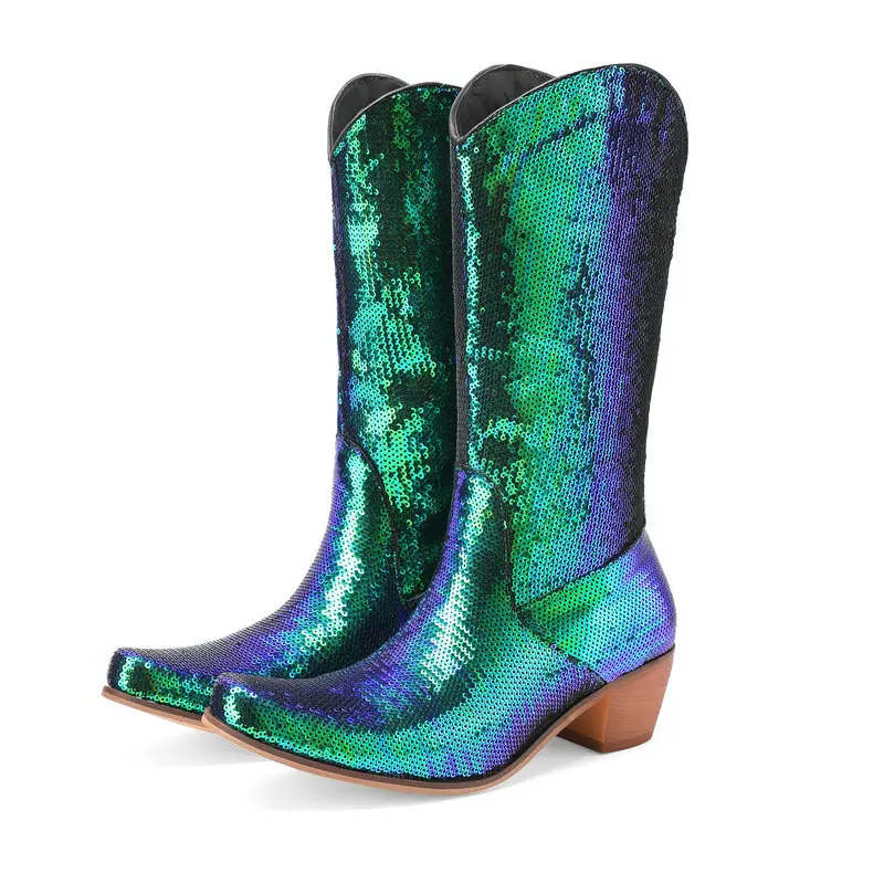 Curved Toe Bling Bling Sequins Shiny Purple Green Pink Women Mid-calf Western Boots Chunky Heels Cowboy Winter Shoes Botines