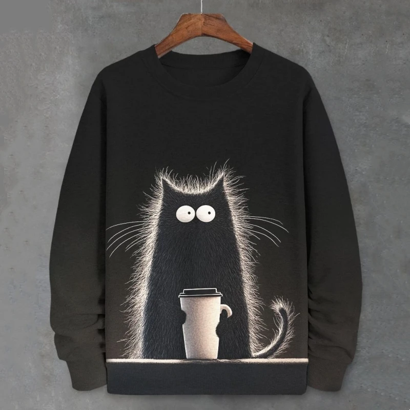 Sudadera divertida para hombre, camiseta de manga larga con estampado 3d de gato de dibujos animados abstractos, ropa para hombre, sudaderas de gran