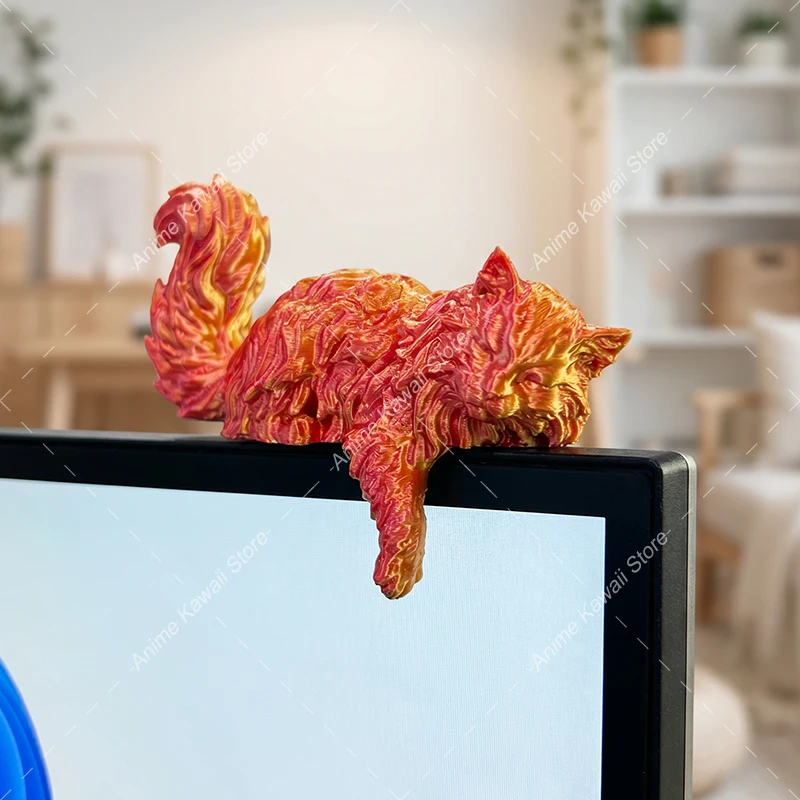 3D Printed Monitor Long-Haired Cat Figurine Computer Car Monitor Hanging Decor Kawaii Sleeping Cat Desk Ornament Gift