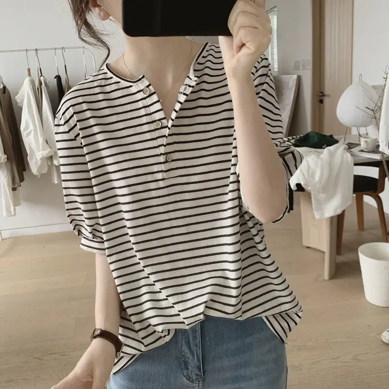 Half Sleeve T-shirts Women Classic Simple Casual Daily Cozy Summer Hot Striped New Korean Style O-neck Mujer Young Lady Clothing