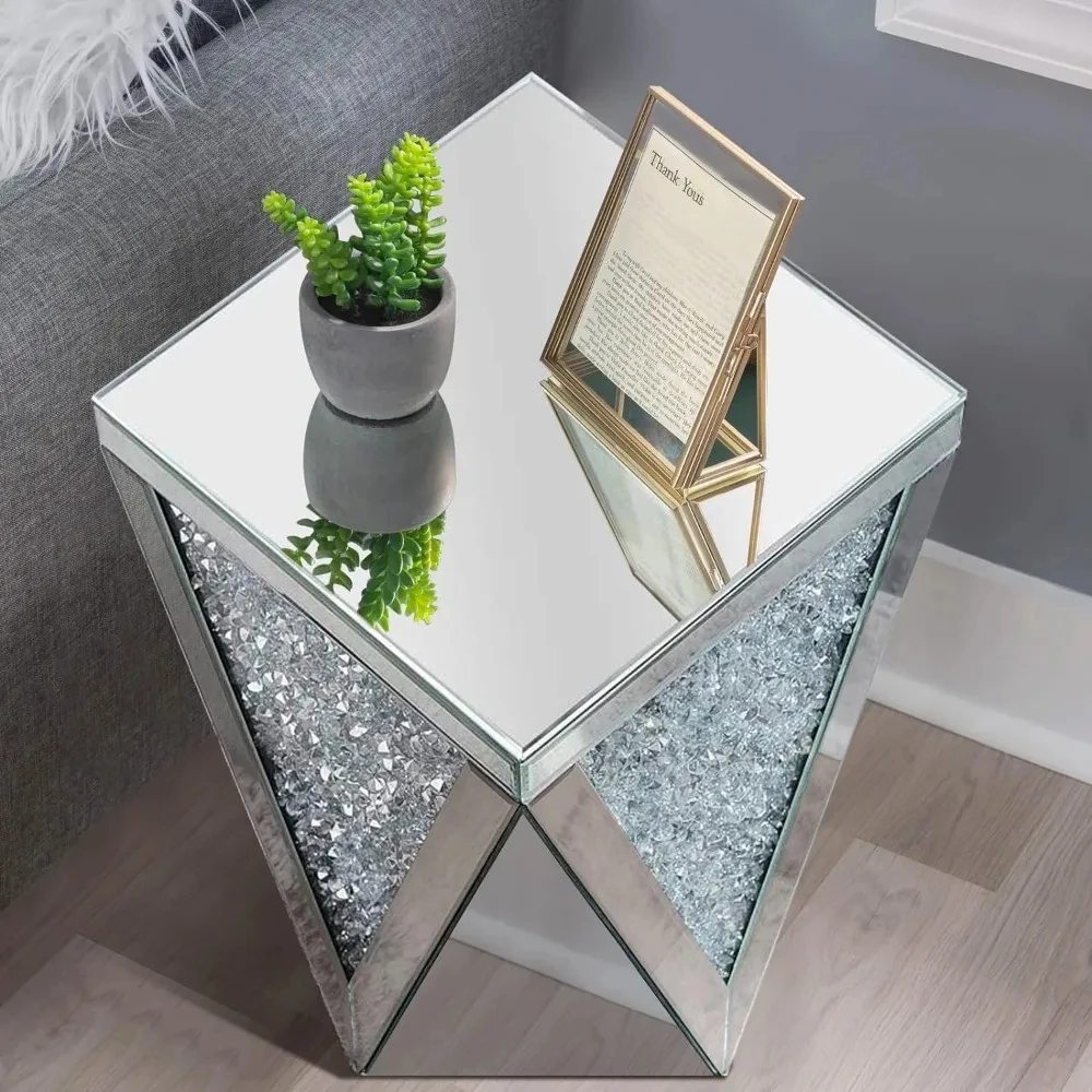 Silver Mirrored End Table, Crystal Inlay Side Table Accent Table, Small Mirrored Coffee Table for Living Room, Bedroom YX125TB