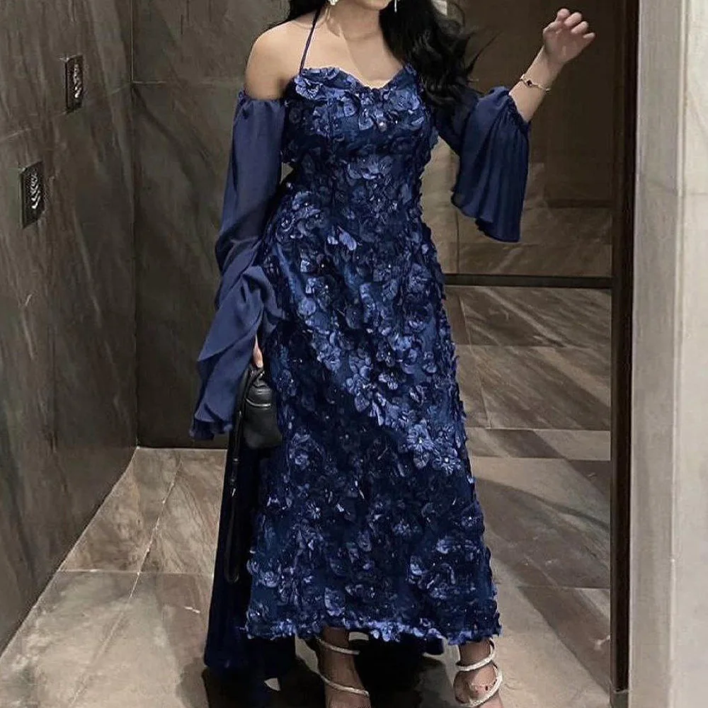 A-Line Ankle Length Halter Jersey Long Sleeves Appliques Evening Dress Celebrity Gowns Photo Color Temperament and Modern