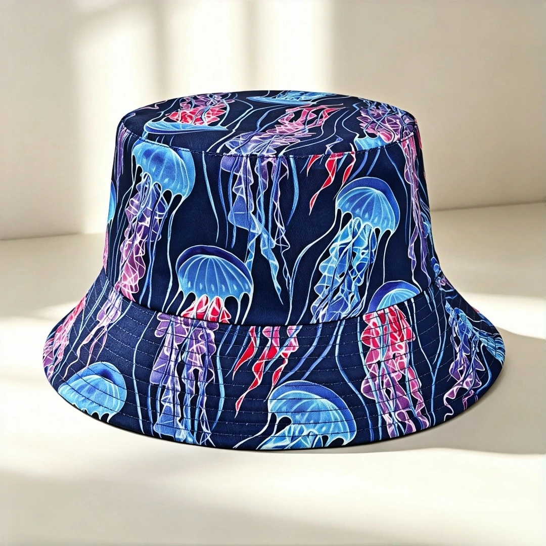 Vibrant Ocean Jellyfish Print Bucket Hat Wide Brim Fishing Hat Suitable for Both Men and Women, Great for Summer Beach Vacation,