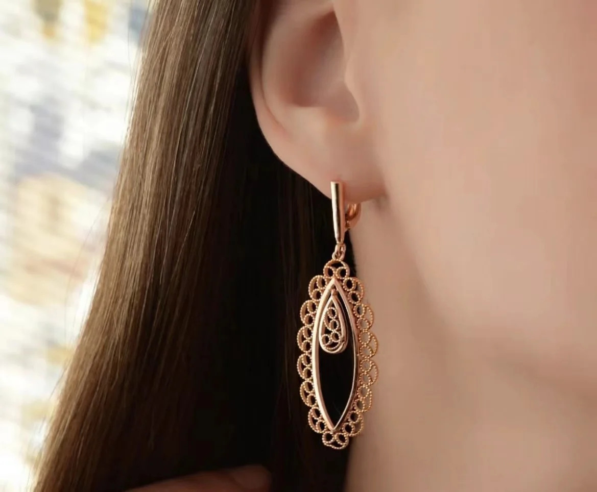 Long 585 Gold Color Office Style Top Fashion Dangling Earring Women Cut Out Hollow Caved Party Ethnic Jewelry