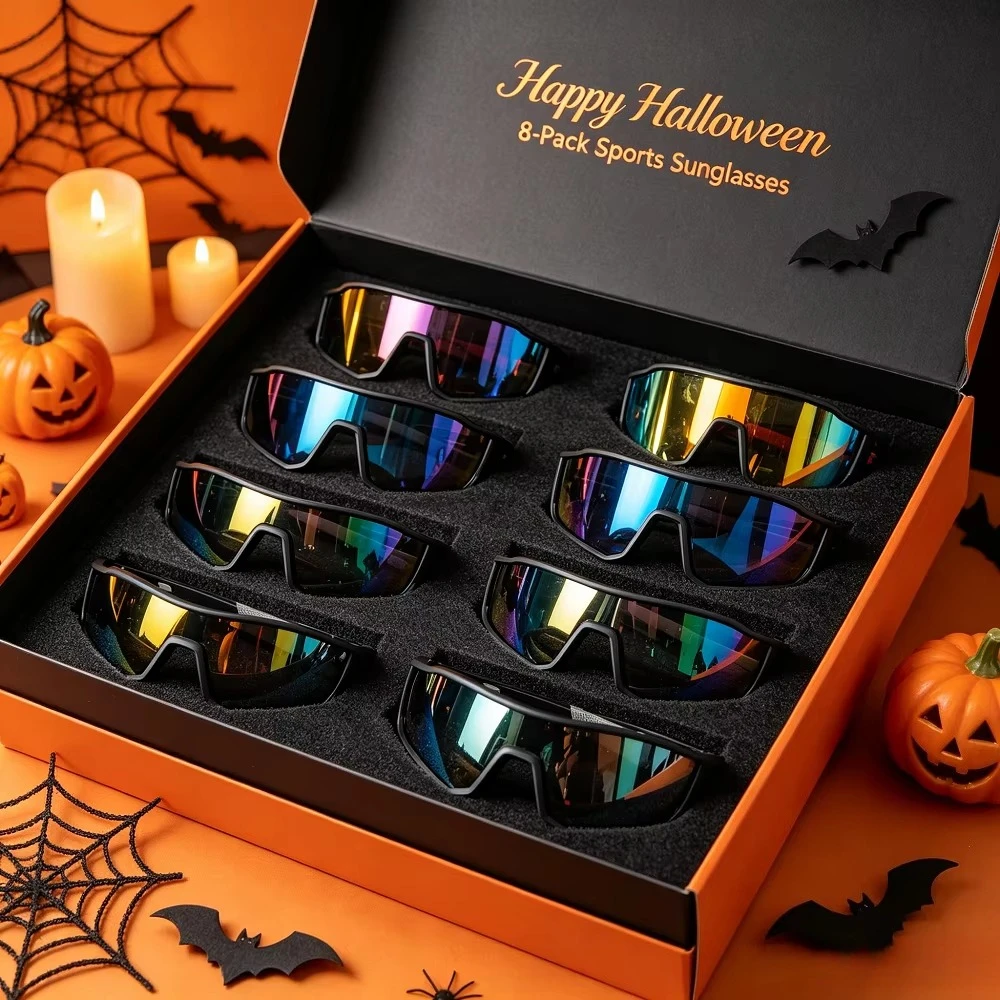 Men's and Women's Sports Sunglasses 8-piece Set, Oversized Windproof Riding Glasses, Anti-ultraviolet Polarized Outdoor Sun Umbrella, Suitable for Running, Fishing and Driving. Recommended Christmas and Halloween Gifts, Random Colors